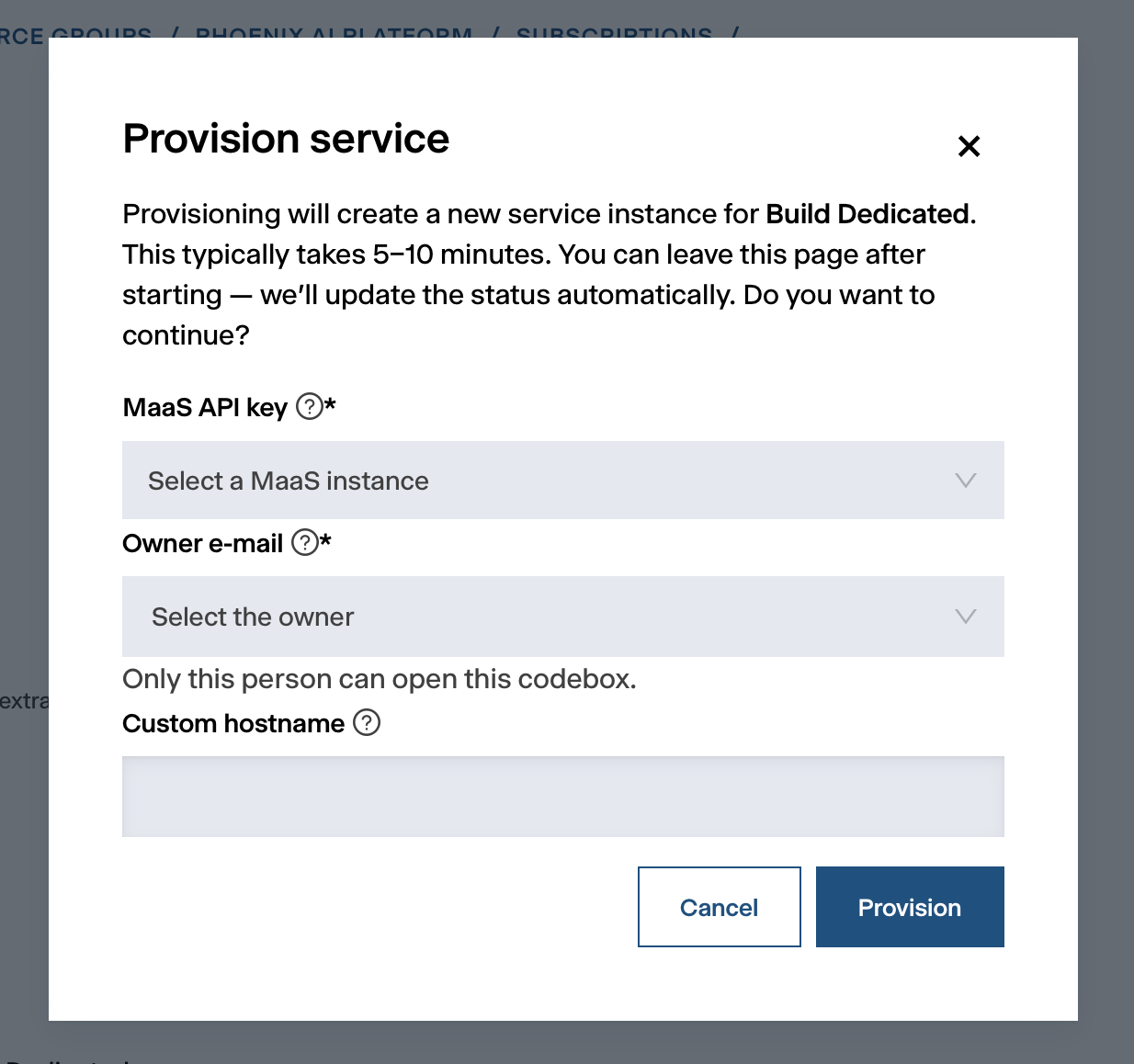 The Provision service dialog for Build Dedicated