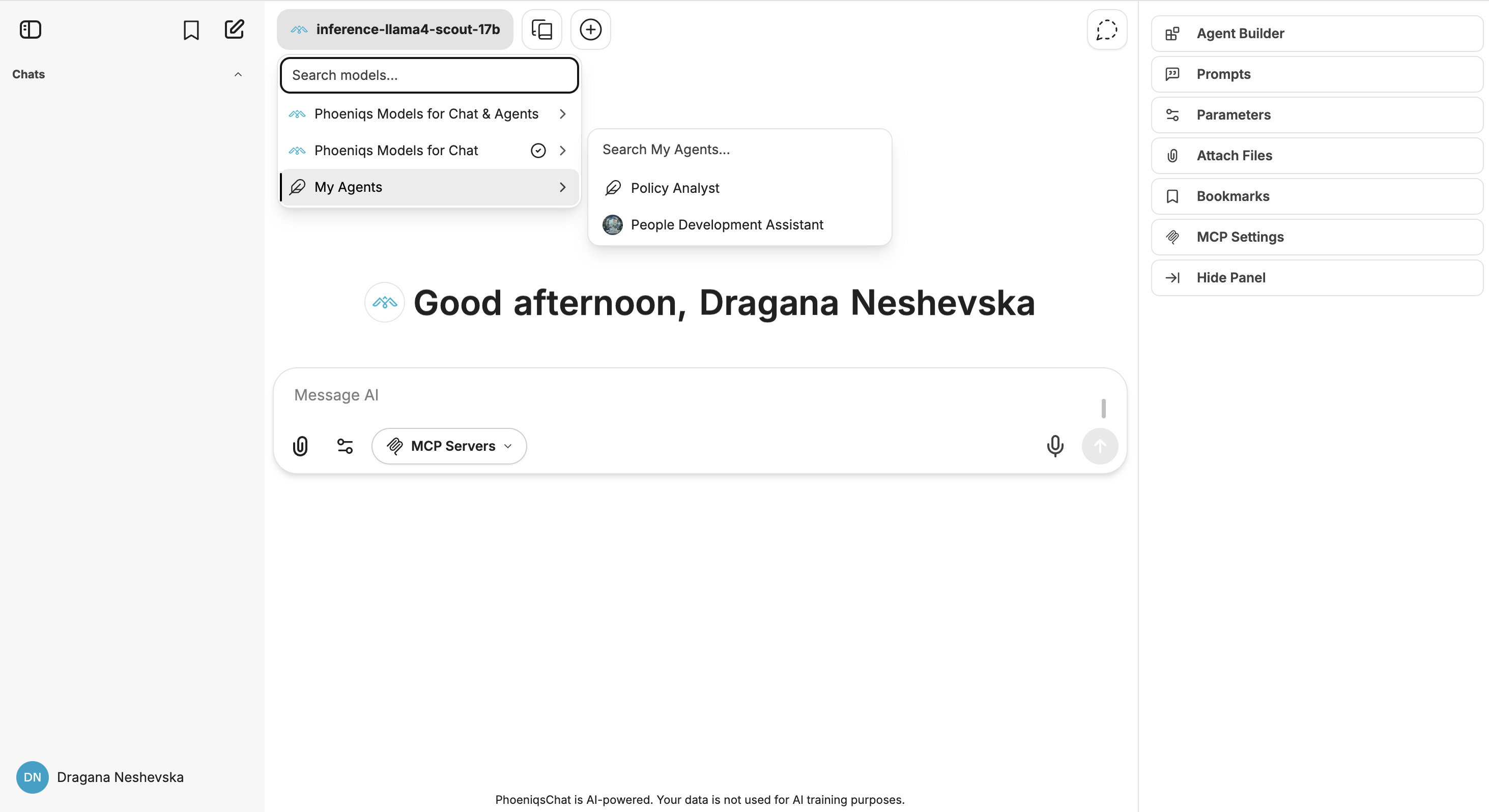 Agent Library view in PHOENIQS Chat