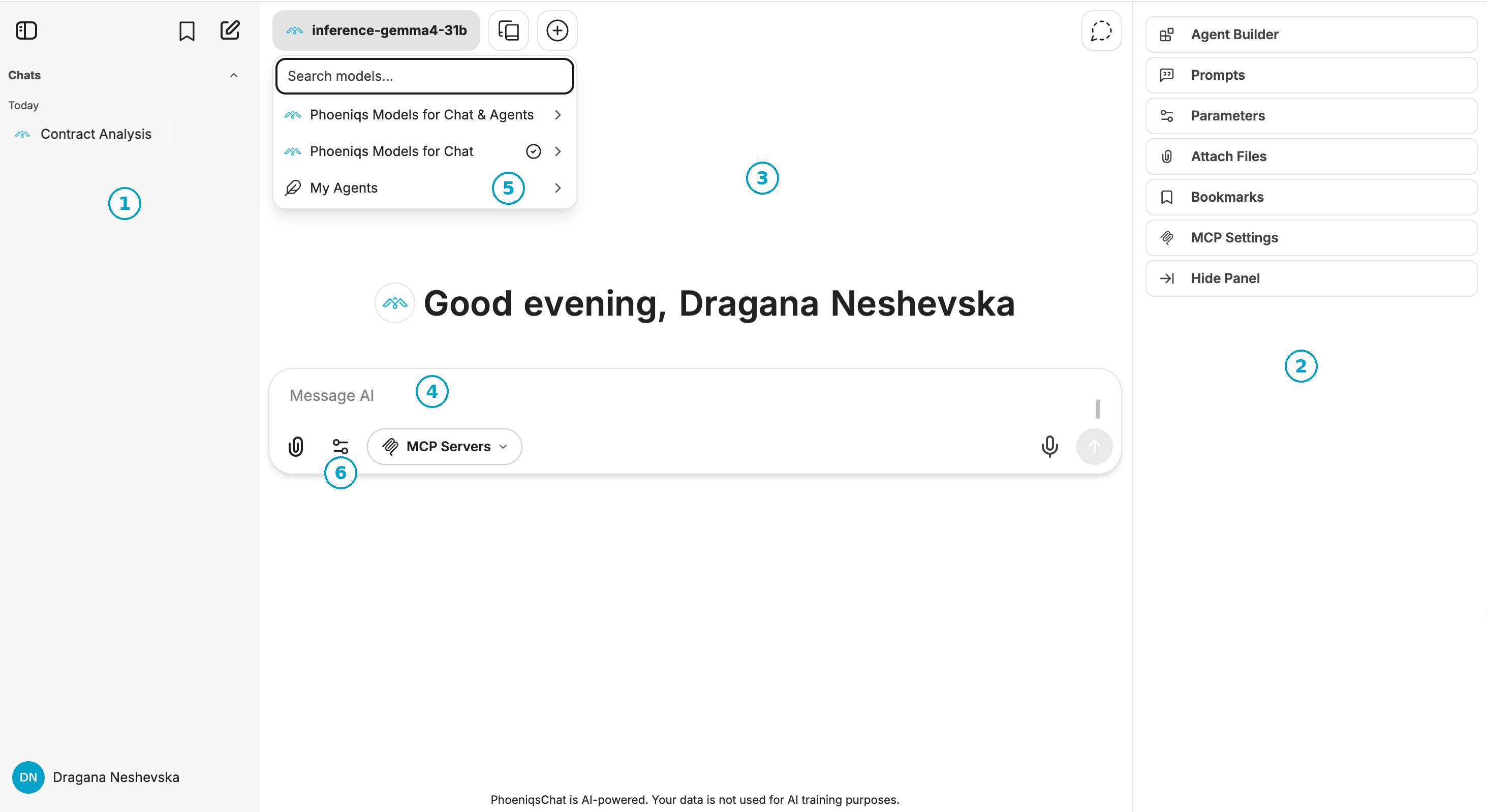 PHOENIQS Chat interface overview with numbered callouts