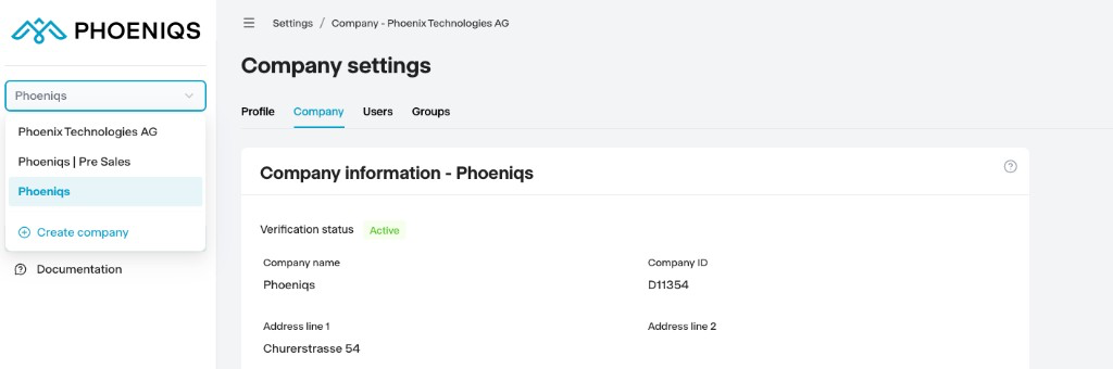Company switcher dropdown in the left sidebar