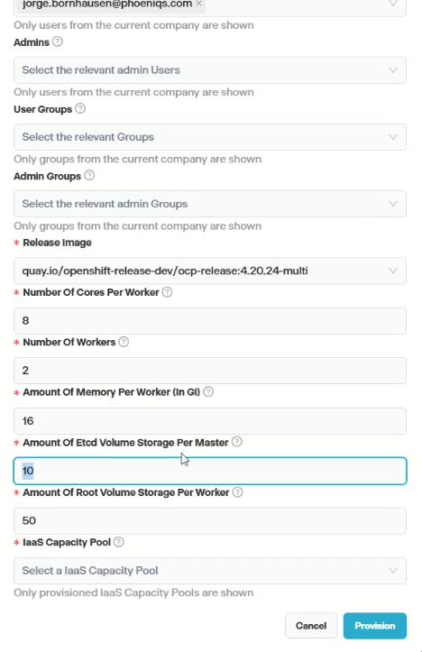 Hosted Cluster provisioning form in the Phoeniqs portal