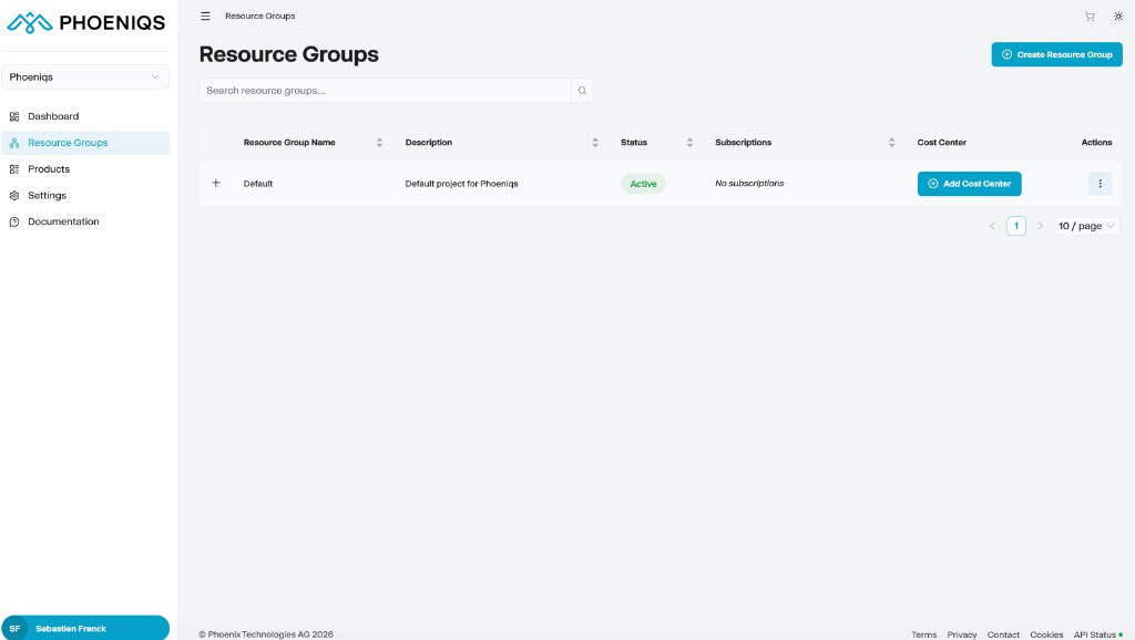 Resource Groups page in the Phoeniqs Portal